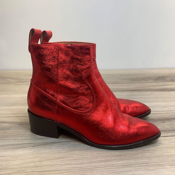 Veronica Beard Tanner Boots Size 36 Red Leather Side Zipper Excellent Condition